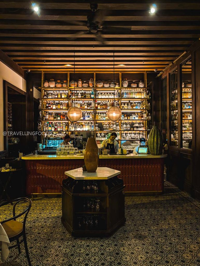 Elegant bar inside a fine dining establishment, showcasing the best restaurants in Michoacan at night.