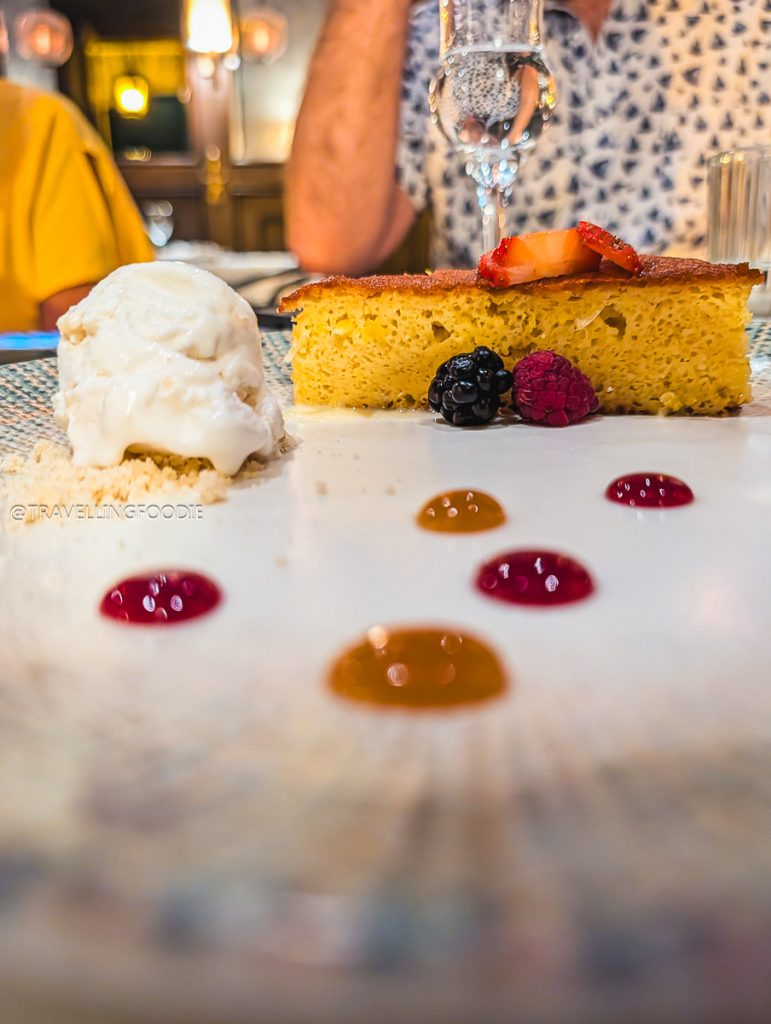Sweet corn cake with ice cream and berries at one of the best restaurants in Michoacan.