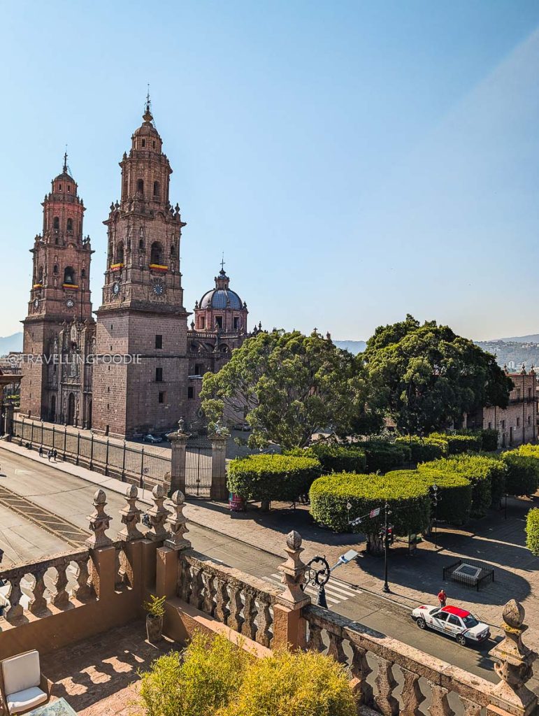 View of Morelia Cathedral from a stone terrace on our 3 days in Michoacan road trip.