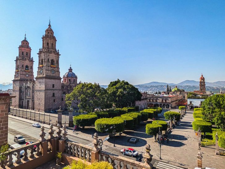 Wide view of Morelia Cathedral and Plaza de Armas, a must-visit on a Michoacan itinerary.