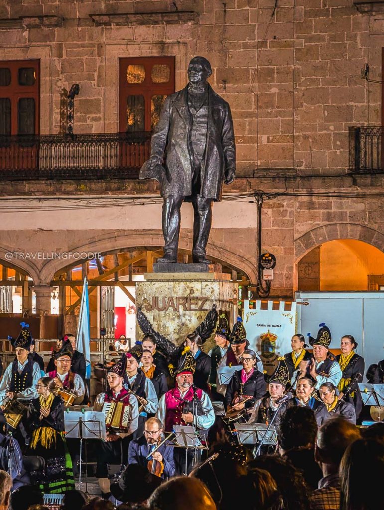 Live traditional music under the Juarez statue in a vibrant plaza during our 3 day trip in Michoacan.