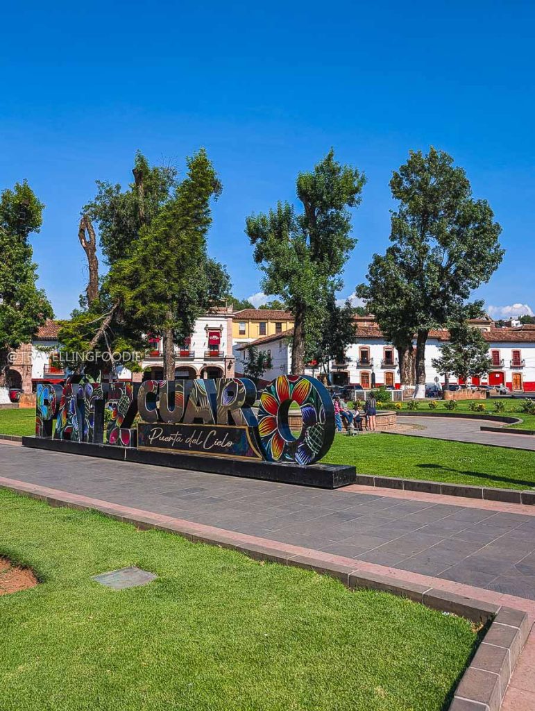 Colorful Patzcuaro sign in Plaza Vasco de Quiroga, an essential photo op for your Michoacan road trip.