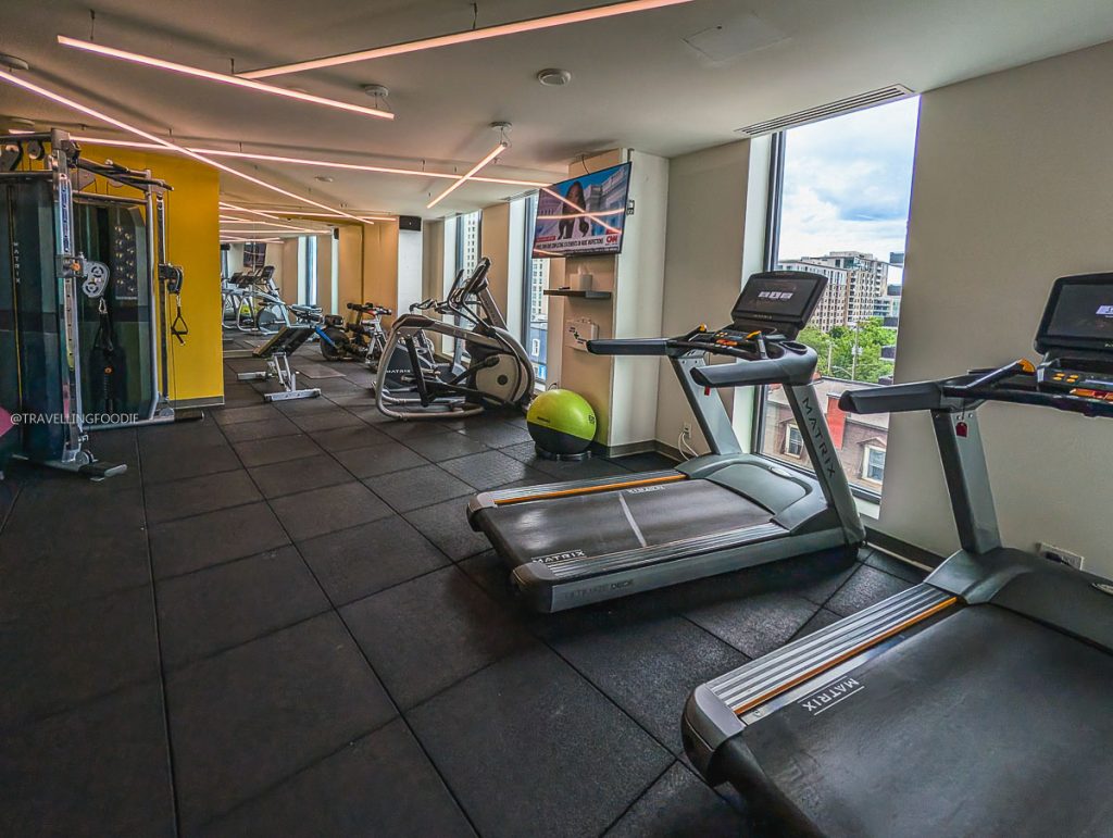 The fully equipped modern fitness center and gym inside Le Germain Hotel Ottawa.