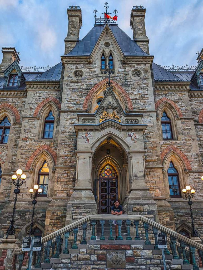 Exploring the stunning architecture of the Parliament of Canada during an Ottawa trip.