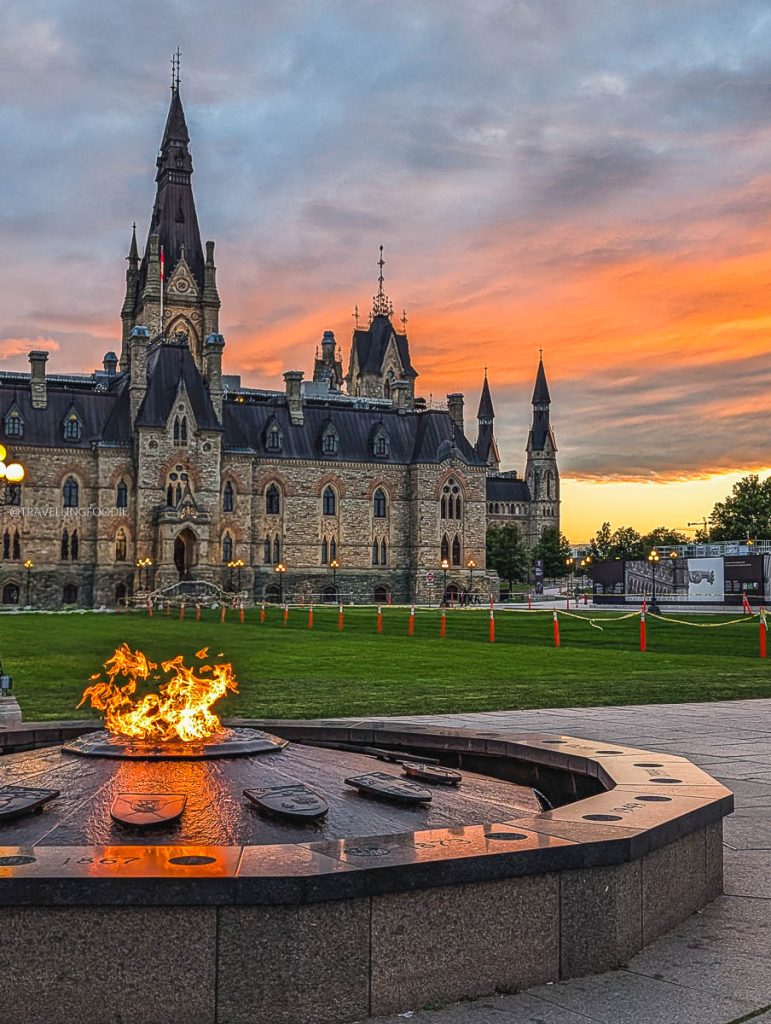 A breathtaking sunset view from the historic Parliament of Canada buildings in Ottawa.