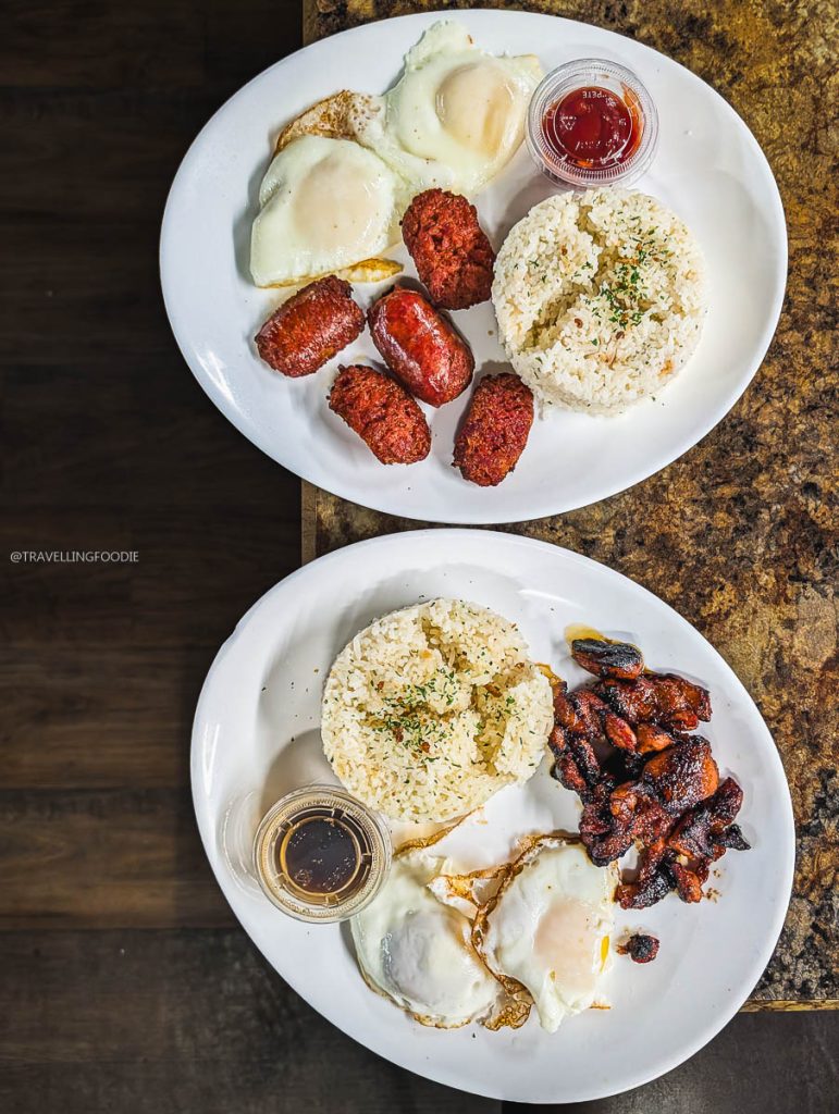 Longsilog and Tosilog Filipino breakfast plates with garlic rice at Al's Kitchen in Saskatoon.