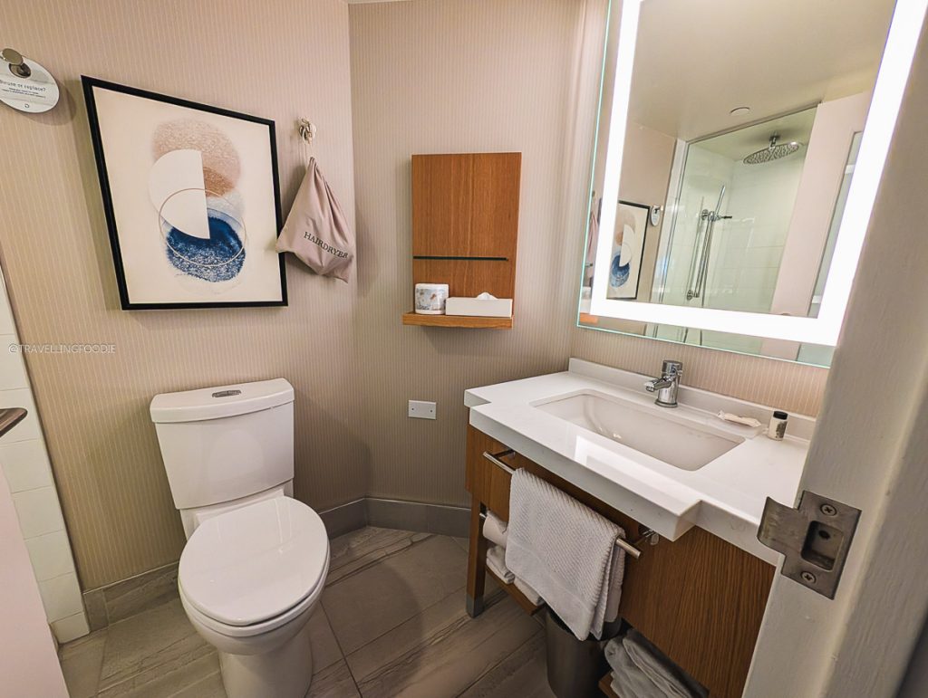 Modern bathroom amenities inside the guest room at Delta Hotels Saskatoon Downtown during a Saskatoon food tour.