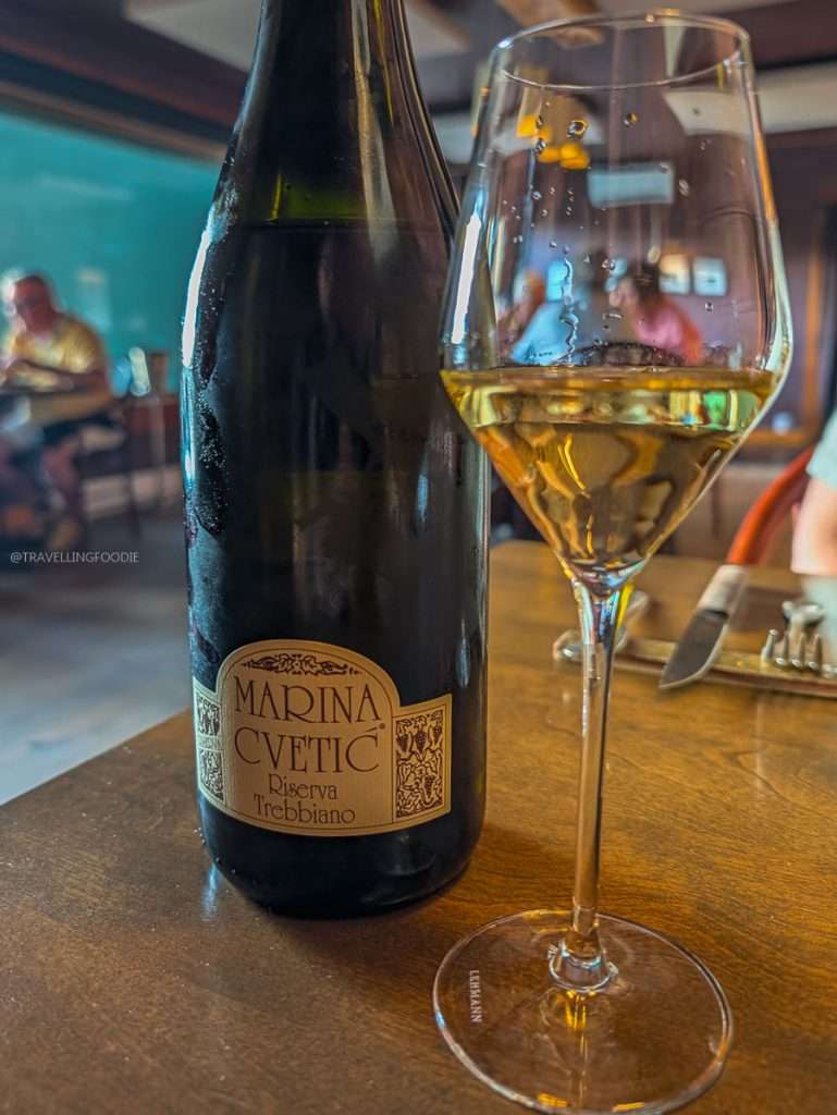 Marina Cvetic Trebbiano wine served with our fine dining tasting menu in Authentic Quebec