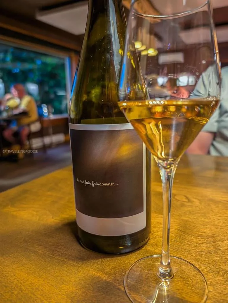 Tu me fais frissonner wine pairing served with dessert at Auberge Saint-Mathieu in Authentic Quebec