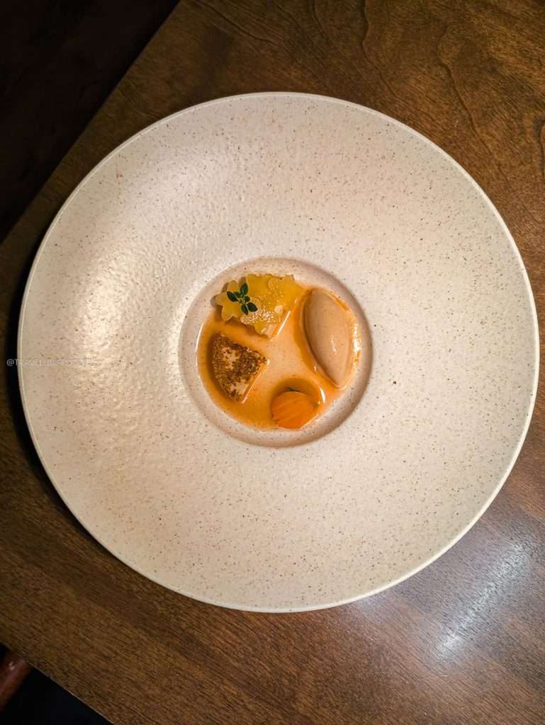 Sweet corn creme caramel with peach ice cream at Auberge Saint-Mathieu in the Mauricie region