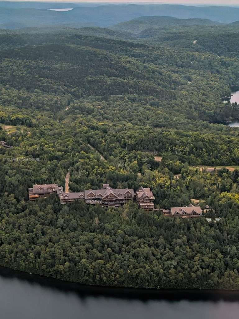 Aerial view of Auberge du lac Sacacomie during Bel Air Aviation seaplane flight tour in Lanaudiere-Mauricie Quebec