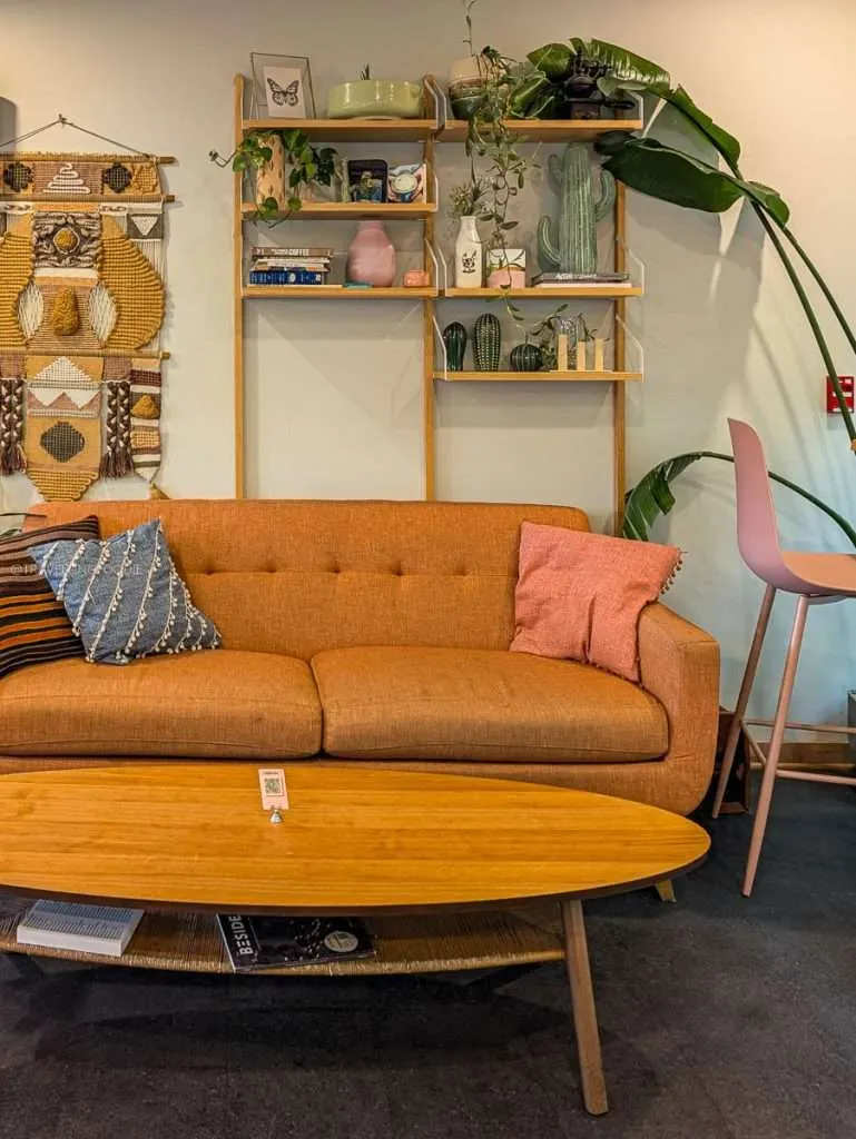 The modern, cozy interior of Cafe Palmier in Chelsea featuring an orange sofa, wooden coffee table, and lush plants.