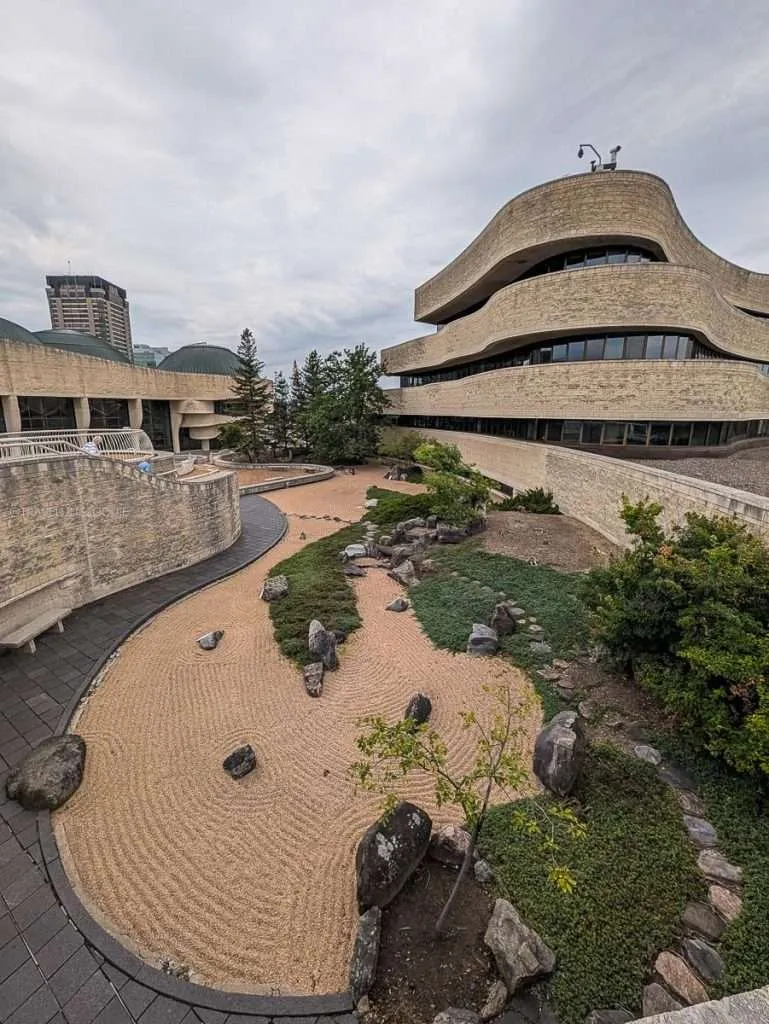 The beautiful Japanese Zen Garden outside the curvy Canadian Museum of History in Gatineau, Quebec.