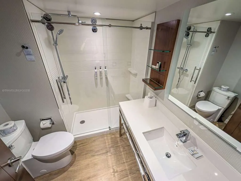 The bright and modern bathroom inside my room at the Delta Hotel in downtown Trois-Rivieres