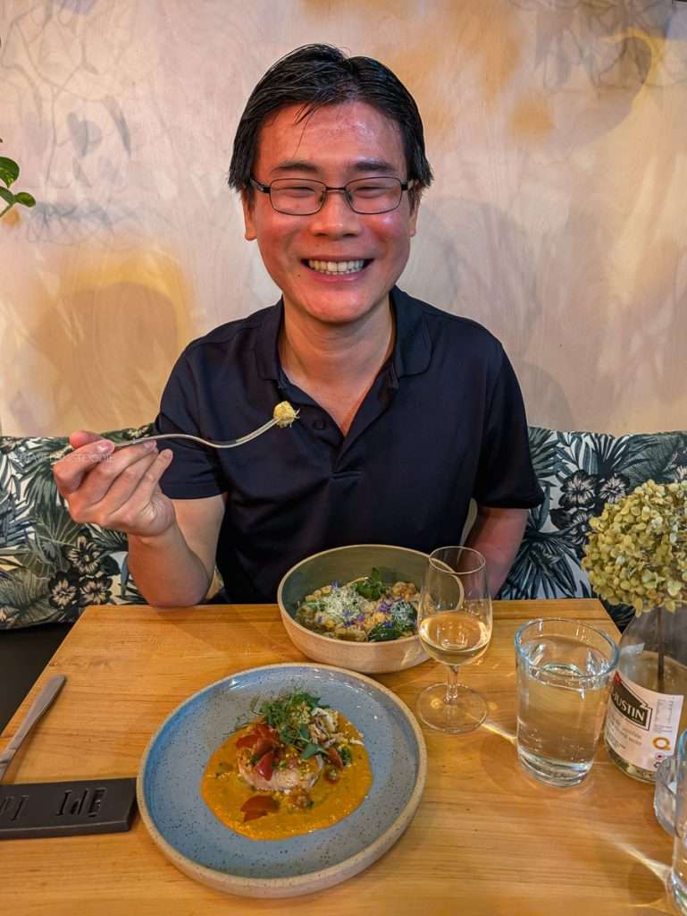 Raymond Cua enjoying delicious gnocchi and monkfish at Épi, buvette de quartier in Trois-Rivieres during my Quebec road trip