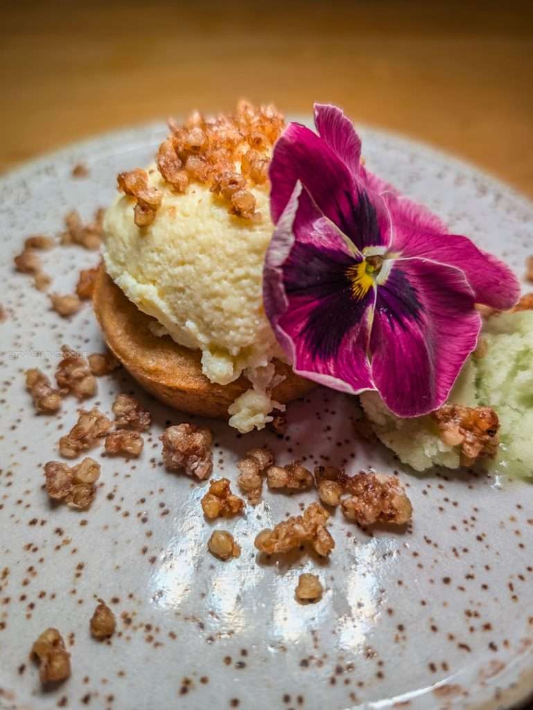 A beautiful Breton sand and melon buckwheat dessert to finish my Michelin meal in Trois-Rivieres