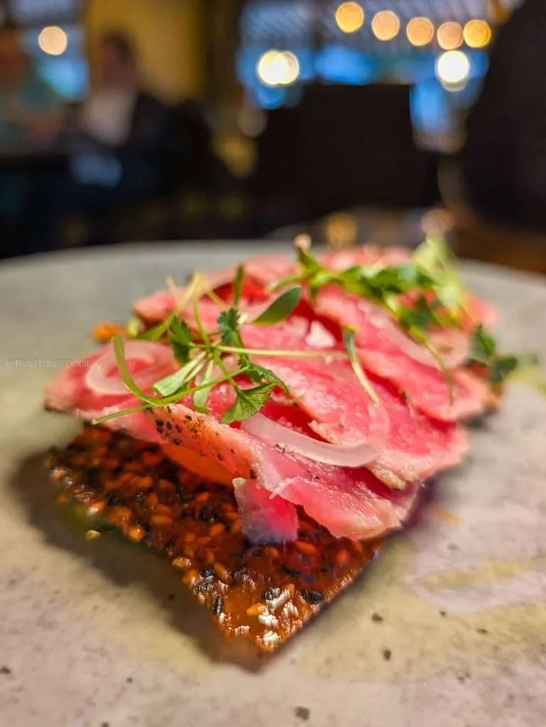 Delicious Bluefin Tuna appetizer with avocado and sesame tuile at Aux Chantignoles Montebello.