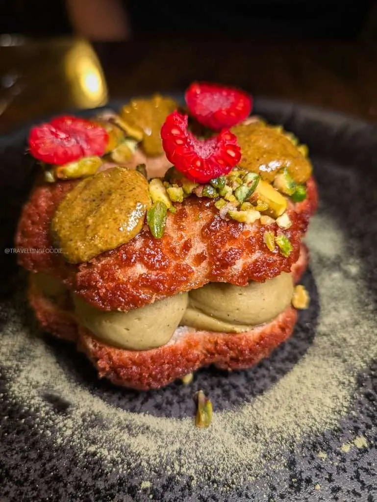 The Paris-Brest Pistache Framboise dessert with pistachio praline at Aux Chantignoles.