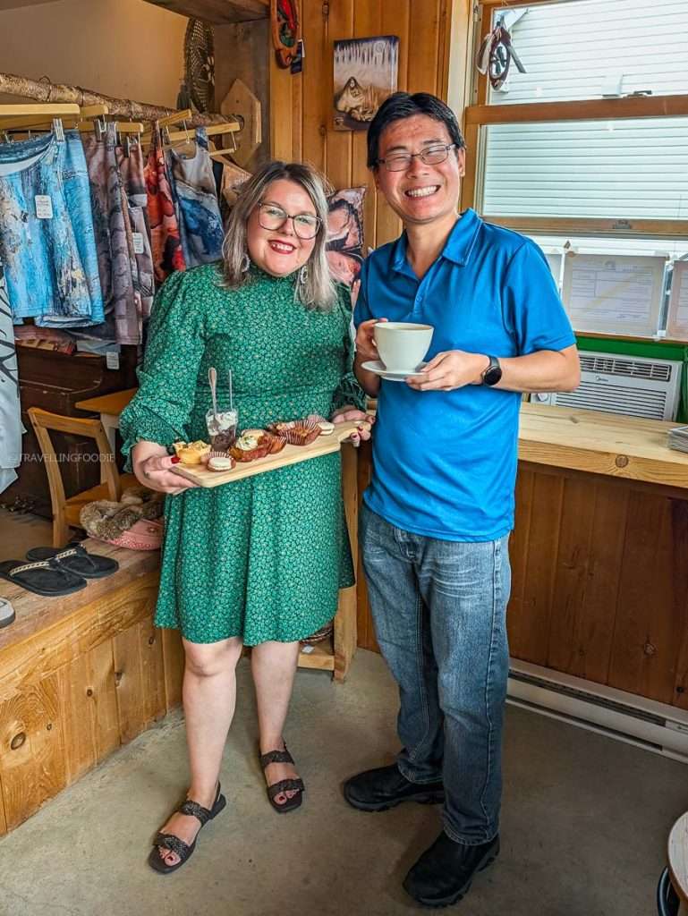 Raymond Cua and chef owner Dominique Lalonde with Indigenous pastries and coffee at Kisisam Patisserie in Saint-Andre-Avellin Quebec.