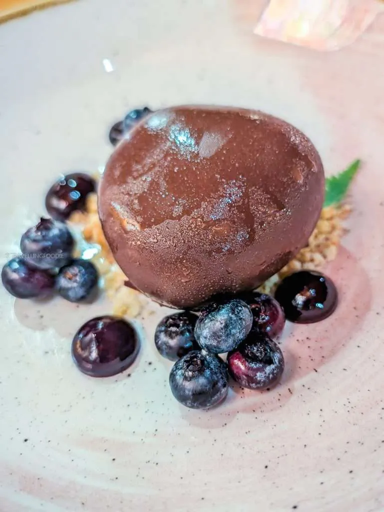 Decadent dark chocolate and fleur de sel cream dessert with blueberries at L'Oree du Bois in Chelsea Quebec.