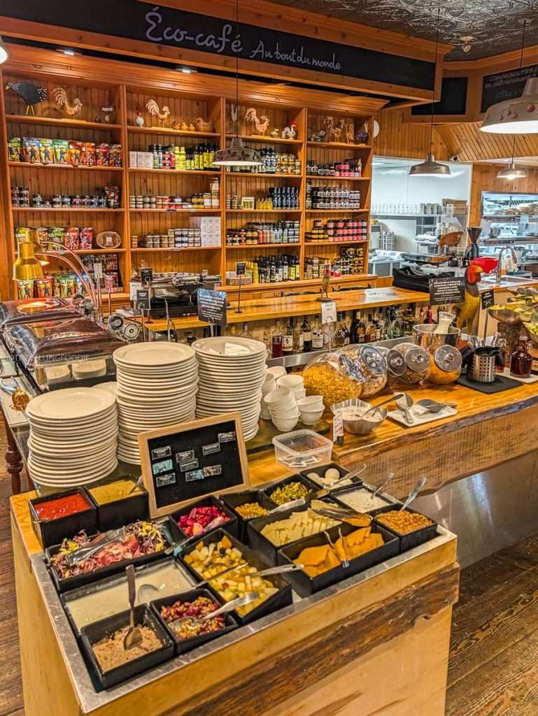 The sprawling gourmet breakfast buffet setup at the Le Baluchon Eco Cafe during my Lanaudiere-Mauricie road trip