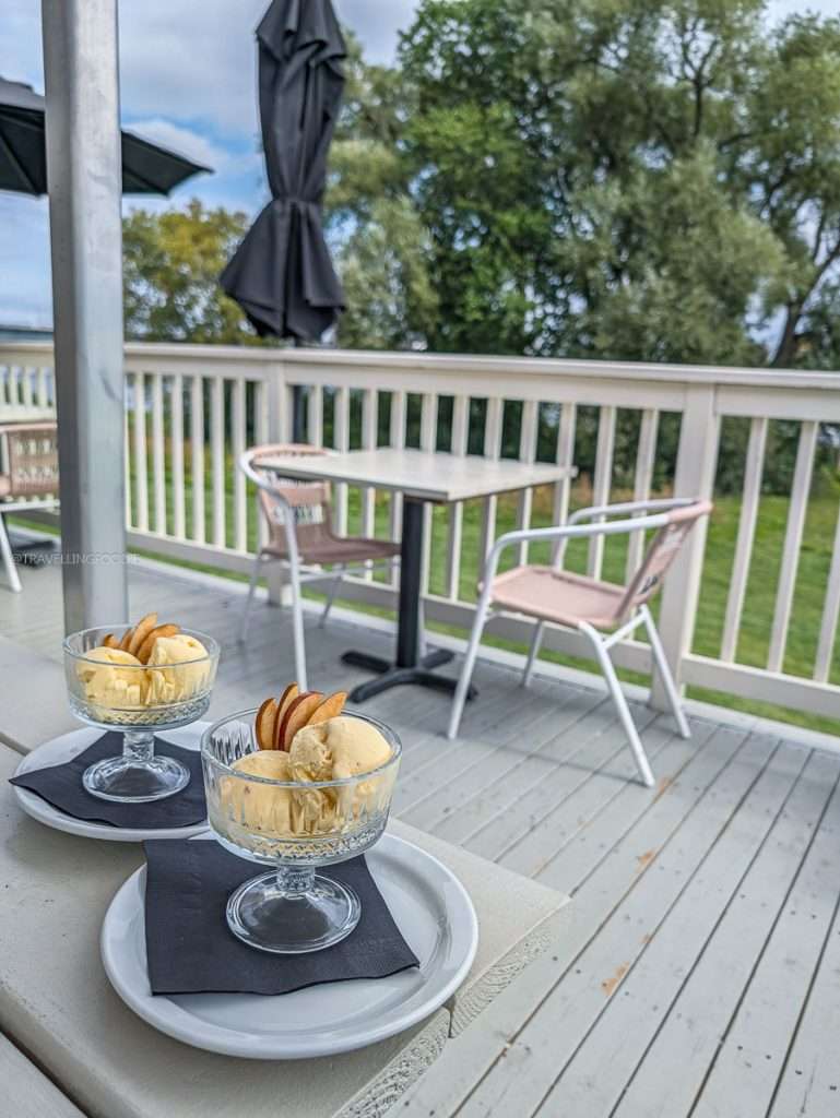 Bowls of house-made French vanilla and rum raisin ice cream on the patio at Maison Charron in Gatineau Quebec.