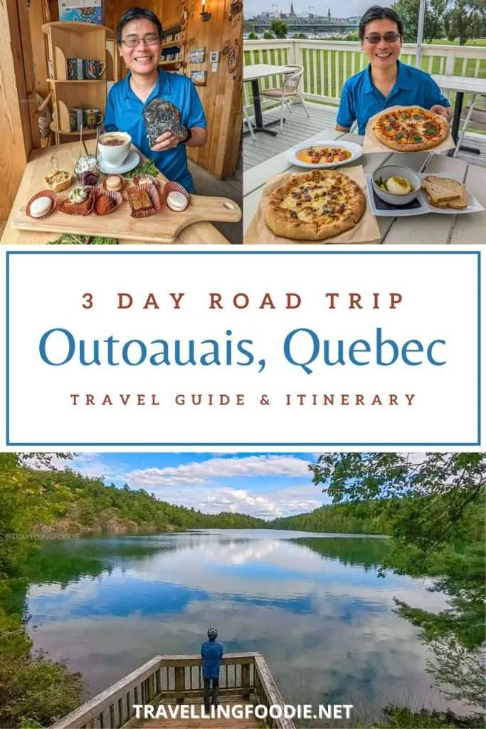 Collage for 3 Days in Outaouais Quebec Itinerary featuring Kisisam pastries, pizza in Gatineau, and Pink Lake in Chelsea.